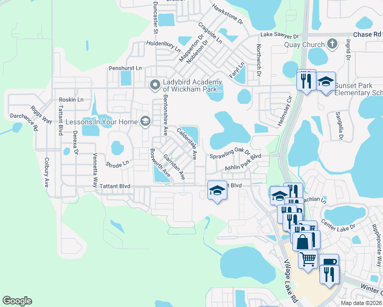 map of restaurants, bars, coffee shops, grocery stores, and more near 7728 Rigby Street in Windermere
