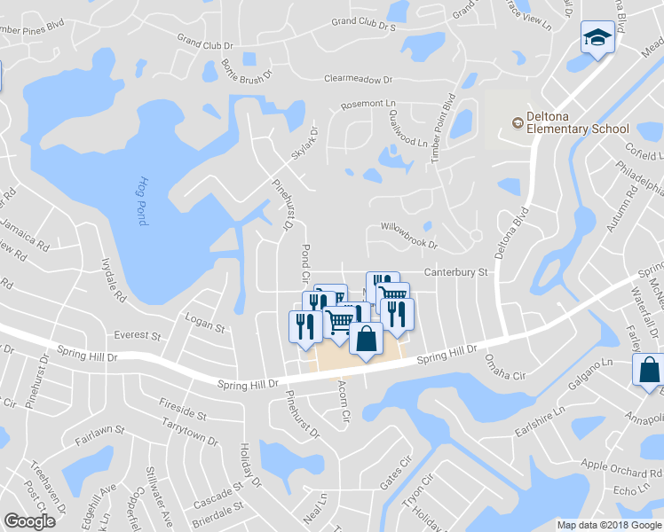 map of restaurants, bars, coffee shops, grocery stores, and more near 7345 Canterbury Street in Spring Hill