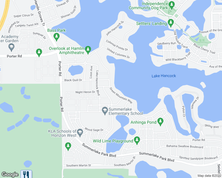 map of restaurants, bars, coffee shops, grocery stores, and more near Green Mountain Way in Winter Garden