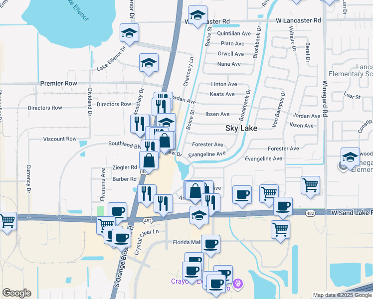 map of restaurants, bars, coffee shops, grocery stores, and more near 1406 Evangeline Avenue in Orlando