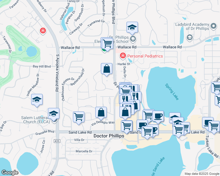 map of restaurants, bars, coffee shops, grocery stores, and more near 7860 Sugar View Court in Orlando