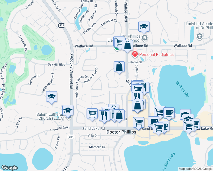 map of restaurants, bars, coffee shops, grocery stores, and more near 7645 Fenwick Cove Lane in Orlando