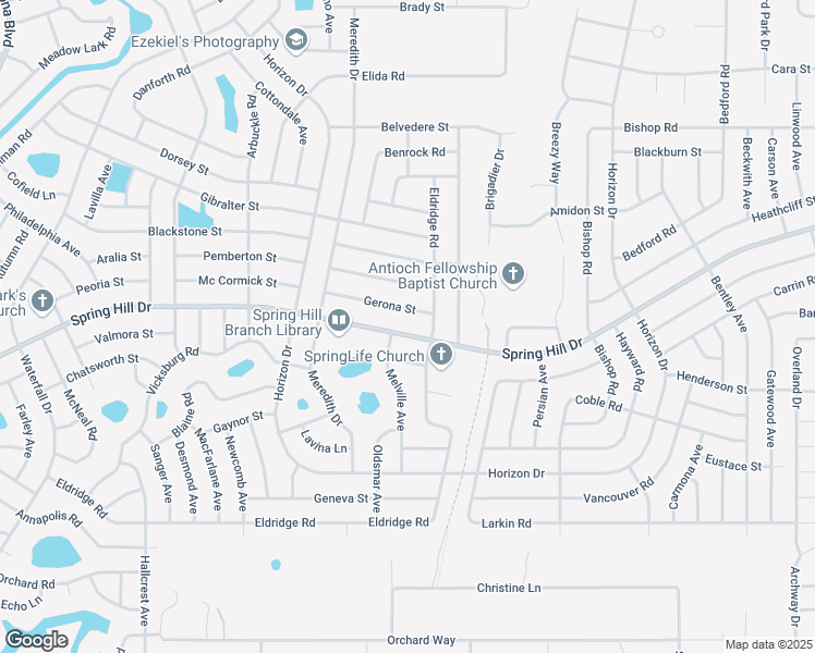 map of restaurants, bars, coffee shops, grocery stores, and more near 9287 Spring Hill Drive in Spring Hill