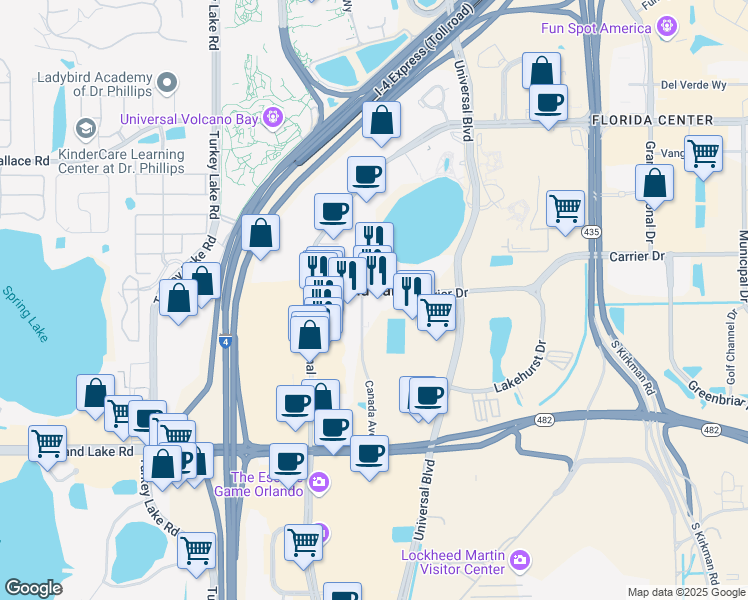 map of restaurants, bars, coffee shops, grocery stores, and more near 6400 Carrier Drive in Orlando