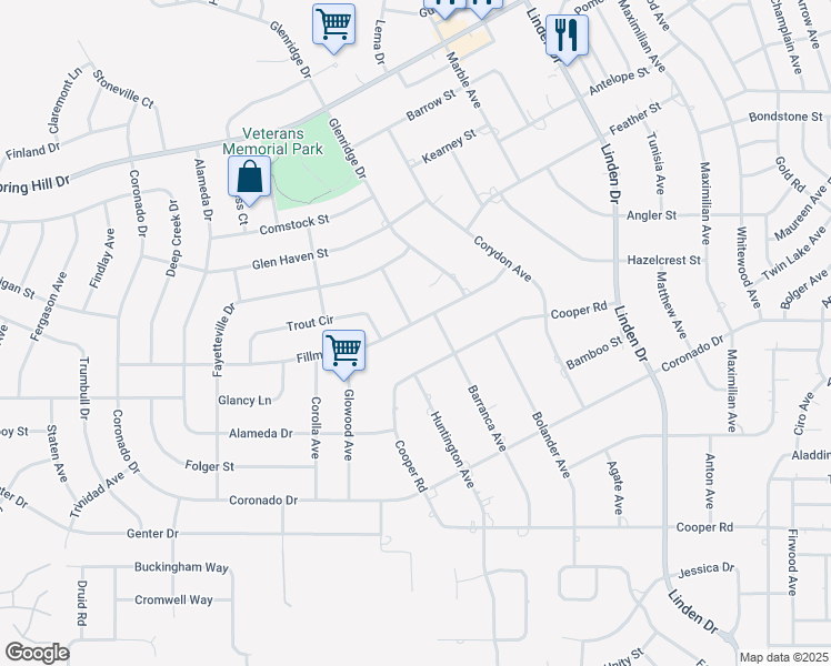map of restaurants, bars, coffee shops, grocery stores, and more near 12410 Fillmore Street in Spring Hill