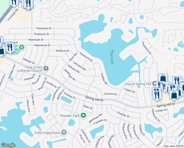 map of restaurants, bars, coffee shops, grocery stores, and more near 6485 Hillview Road in Spring Hill