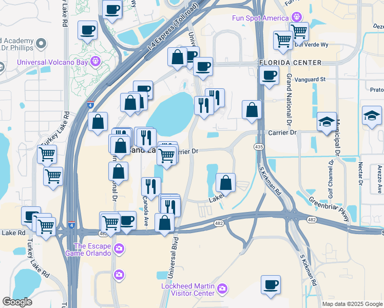 map of restaurants, bars, coffee shops, grocery stores, and more near 7500 Universal Boulevard in Orlando