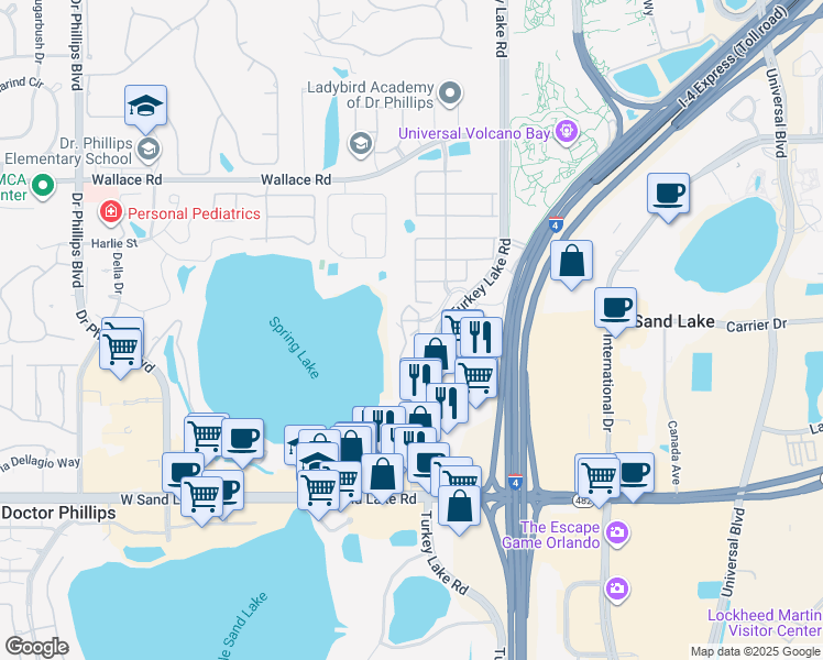 map of restaurants, bars, coffee shops, grocery stores, and more near 7683 Toscana Boulevard in Orlando