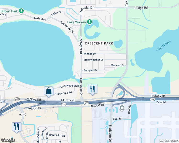map of restaurants, bars, coffee shops, grocery stores, and more near 3614 Rampart Drive in Orlando