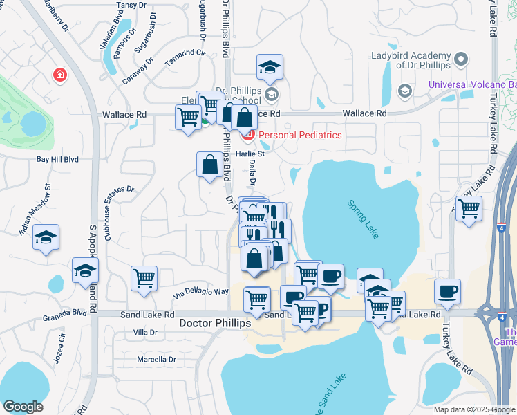 map of restaurants, bars, coffee shops, grocery stores, and more near 7255 Della Drive in Orlando