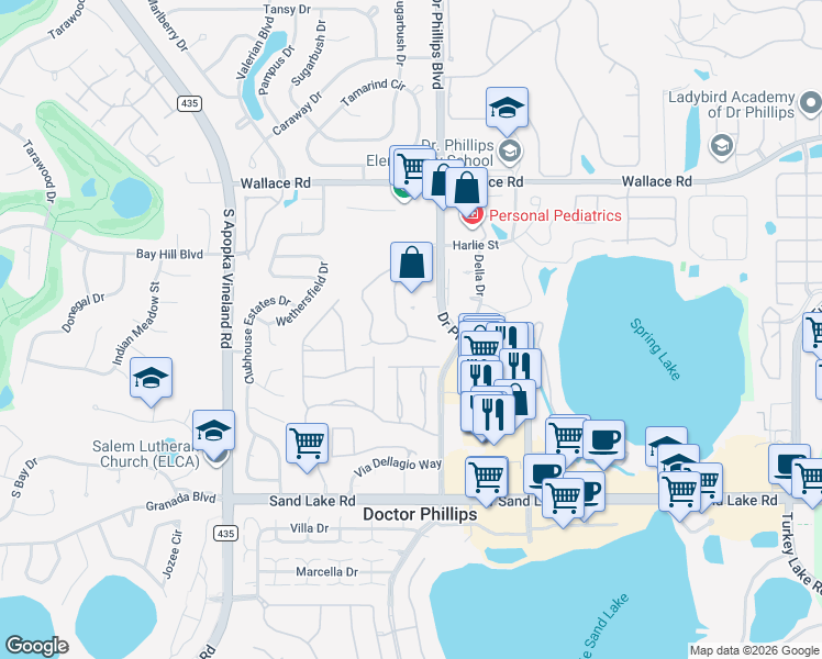 map of restaurants, bars, coffee shops, grocery stores, and more near 7400 Doctor Phillips Boulevard in Orlando