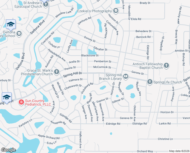 map of restaurants, bars, coffee shops, grocery stores, and more near 9047 Spring Hill Drive in Spring Hill