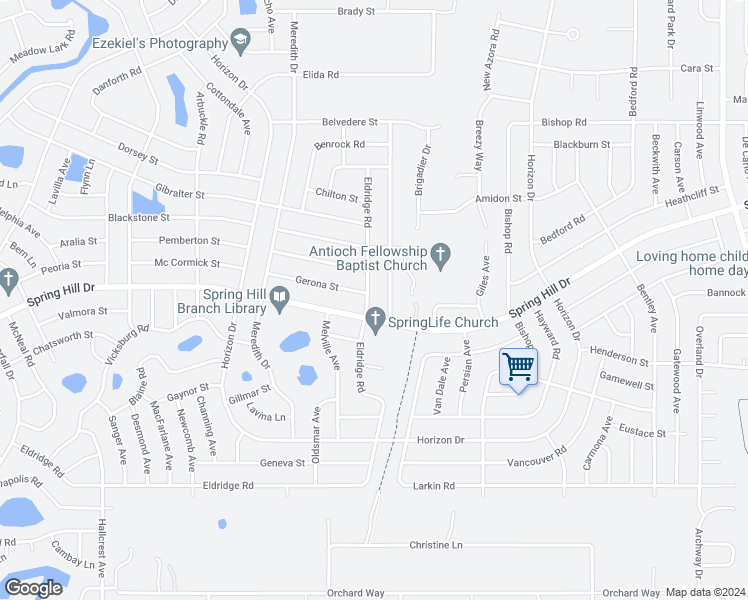 map of restaurants, bars, coffee shops, grocery stores, and more near 9590 Eldridge Road in Spring Hill