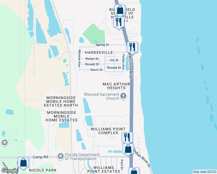 map of restaurants, bars, coffee shops, grocery stores, and more near 341 McArthur Circle in Cocoa