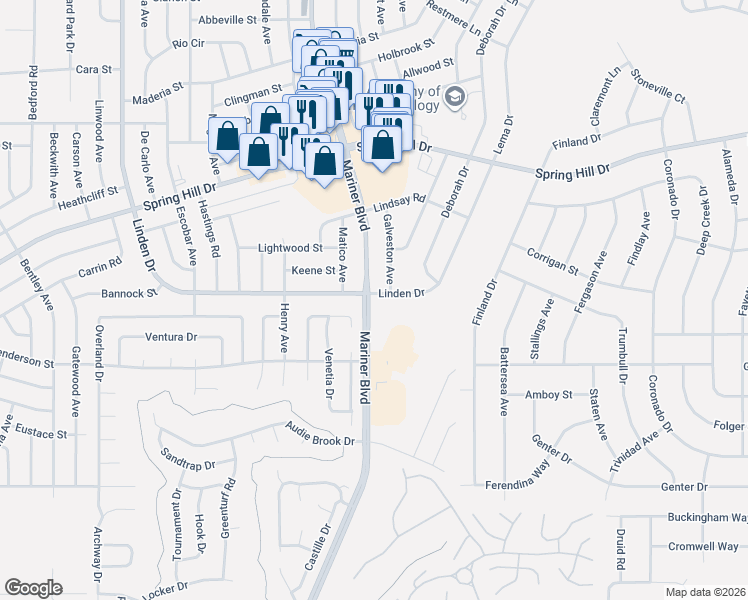 map of restaurants, bars, coffee shops, grocery stores, and more near 1380 Mariner Boulevard in Spring Hill