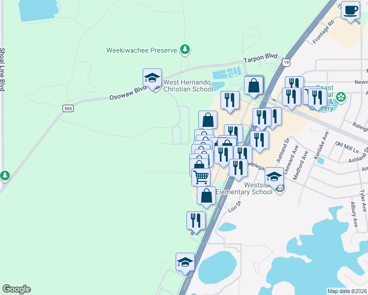 map of restaurants, bars, coffee shops, grocery stores, and more near 1403 Cross Bow Lane in Spring Hill
