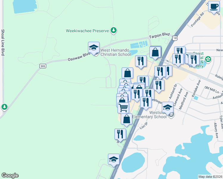 map of restaurants, bars, coffee shops, grocery stores, and more near 5181 Forest Glenn Drive in Spring Hill