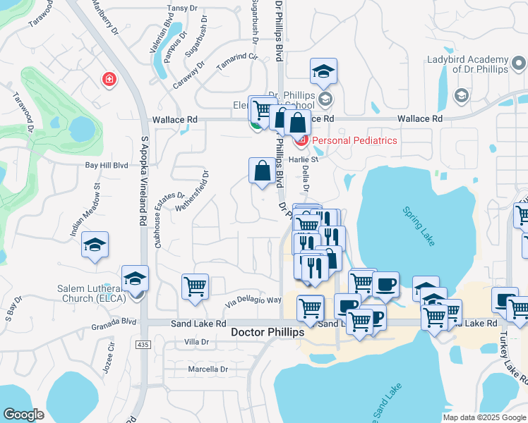 map of restaurants, bars, coffee shops, grocery stores, and more near 7547 Sugar Bend Drive in Orlando
