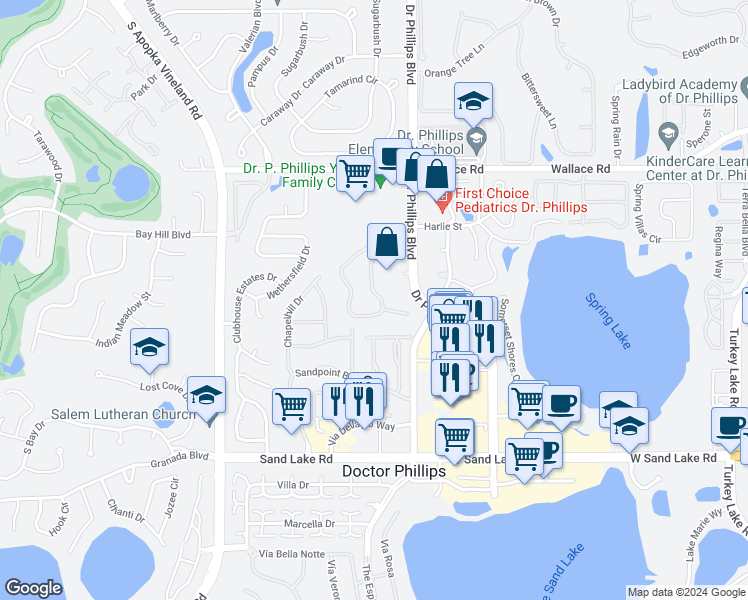 map of restaurants, bars, coffee shops, grocery stores, and more near 7530 Sugar Bend Drive in Orlando
