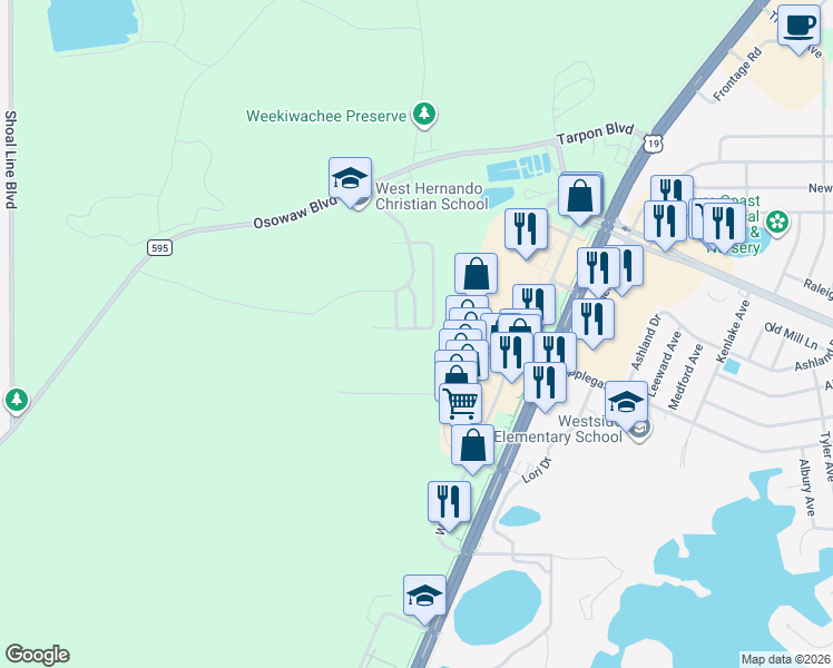 map of restaurants, bars, coffee shops, grocery stores, and more near 5181 Forest Glenn Drive in Spring Hill