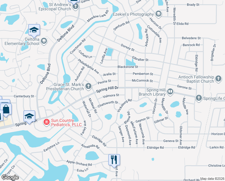 map of restaurants, bars, coffee shops, grocery stores, and more near 8480 Spring Hill Drive in Spring Hill