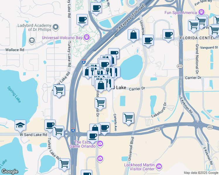 map of restaurants, bars, coffee shops, grocery stores, and more near 7001 International Drive in Orlando