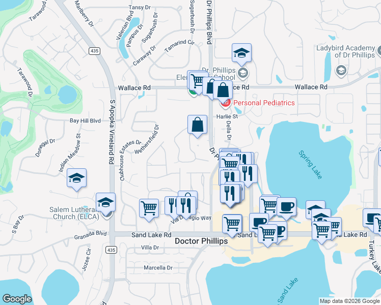 map of restaurants, bars, coffee shops, grocery stores, and more near 7460 Sugar Bend Drive in Orlando
