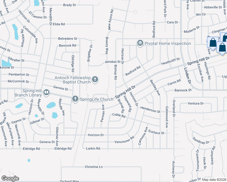 map of restaurants, bars, coffee shops, grocery stores, and more near 1417 Bishop Road in Spring Hill