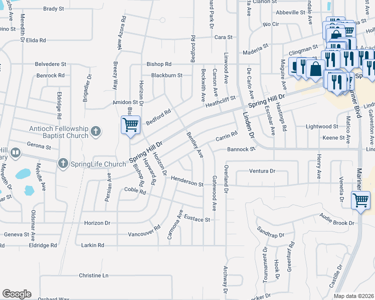 map of restaurants, bars, coffee shops, grocery stores, and more near 10172 Bannister Street in Spring Hill