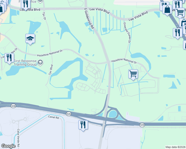 map of restaurants, bars, coffee shops, grocery stores, and more near 7661 Links Crescent Drive in Orlando
