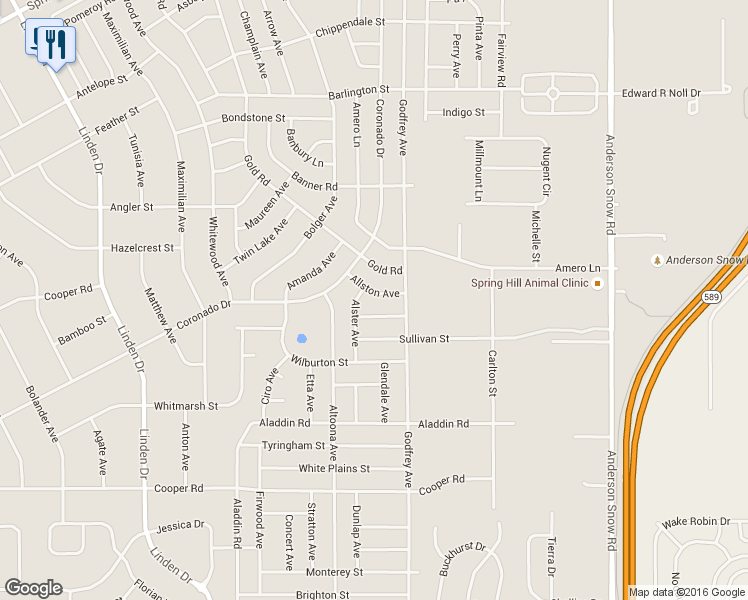 map of restaurants, bars, coffee shops, grocery stores, and more near 14055 Allston Avenue in Spring Hill