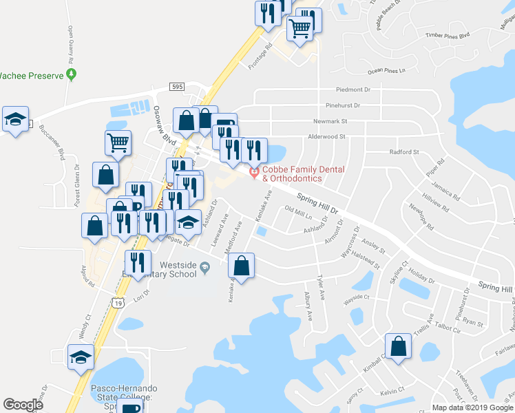 map of restaurants, bars, coffee shops, grocery stores, and more near 1431 Kenlake Avenue in Spring Hill