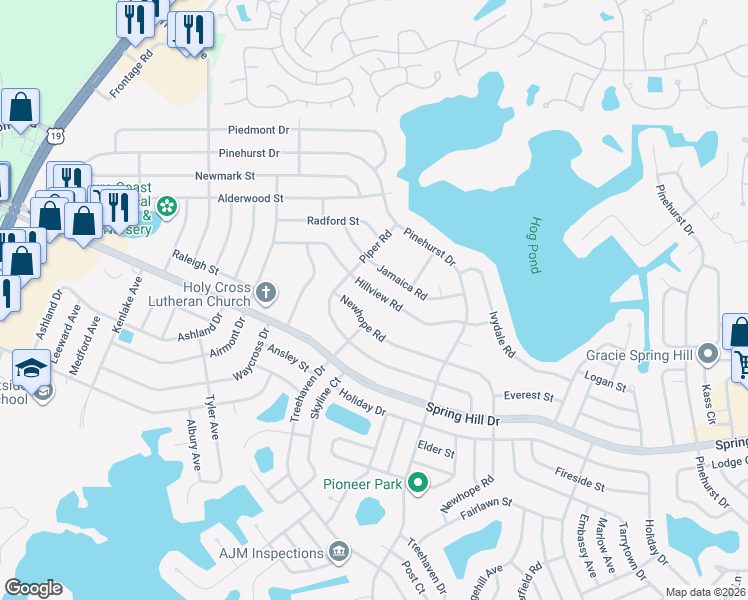 map of restaurants, bars, coffee shops, grocery stores, and more near 6348 Hillview Road in Spring Hill