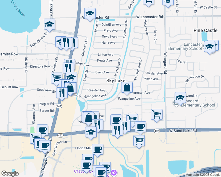 map of restaurants, bars, coffee shops, grocery stores, and more near in Sky Lake