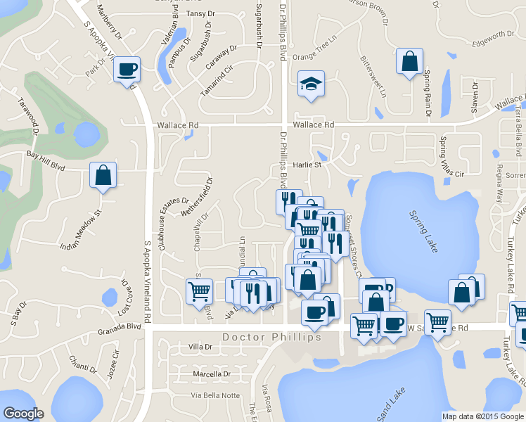 map of restaurants, bars, coffee shops, grocery stores, and more near 7460 Sugar Bend Drive in Orlando