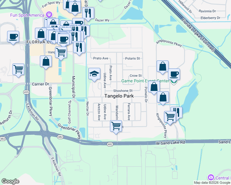 map of restaurants, bars, coffee shops, grocery stores, and more near 5000 Shoshone Street in Orlando