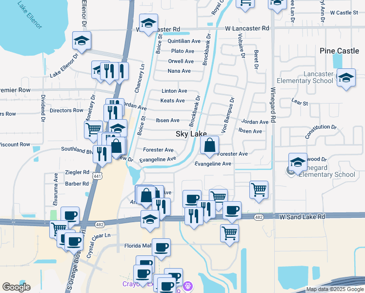 map of restaurants, bars, coffee shops, grocery stores, and more near in Sky Lake