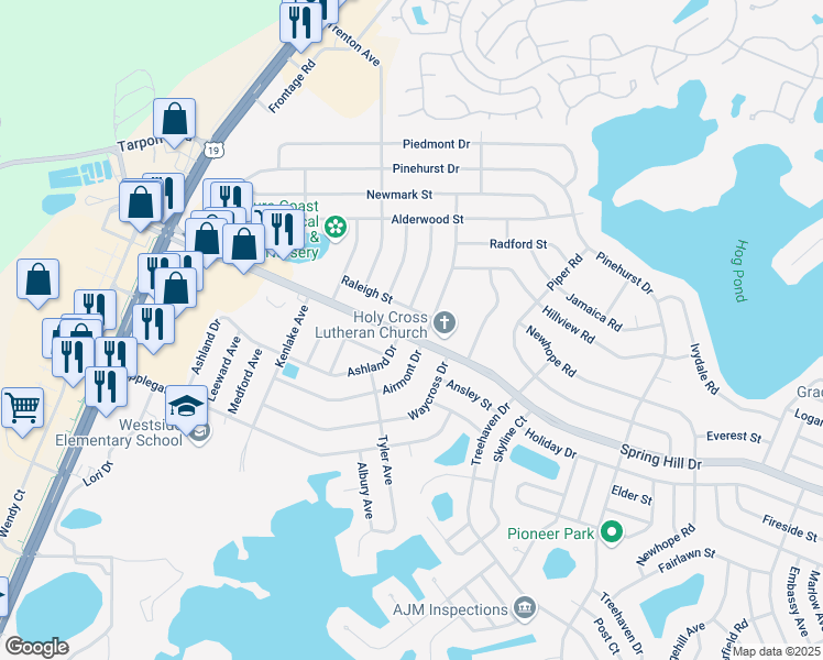 map of restaurants, bars, coffee shops, grocery stores, and more near 6153 Spring Hill Drive in Spring Hill