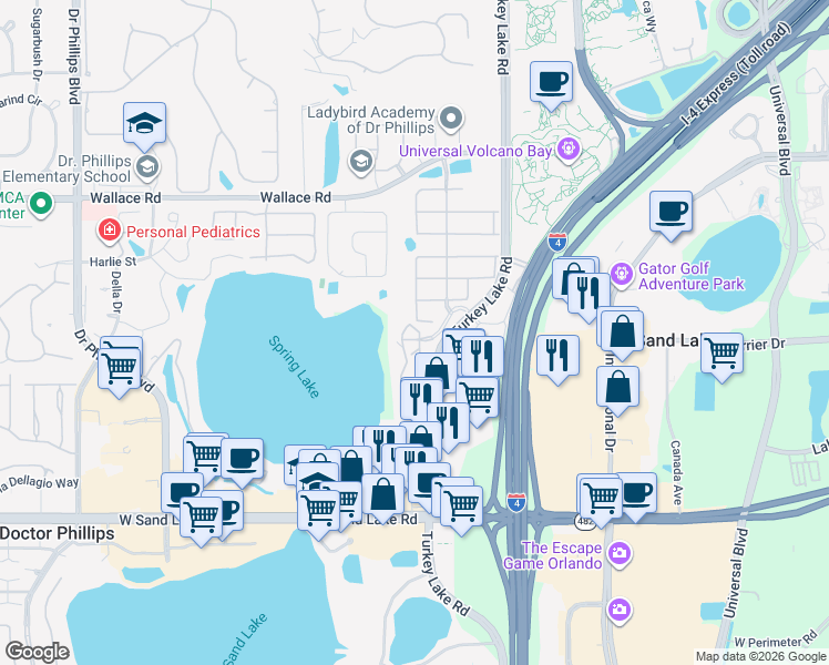 map of restaurants, bars, coffee shops, grocery stores, and more near 7500 Toscana Boulevard in Orlando