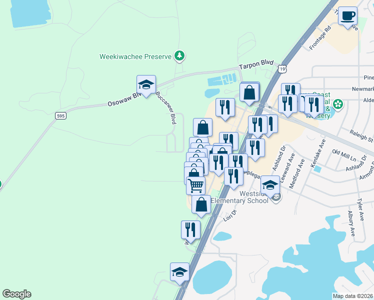 map of restaurants, bars, coffee shops, grocery stores, and more near 5161 Forest Glenn Drive in Spring Hill