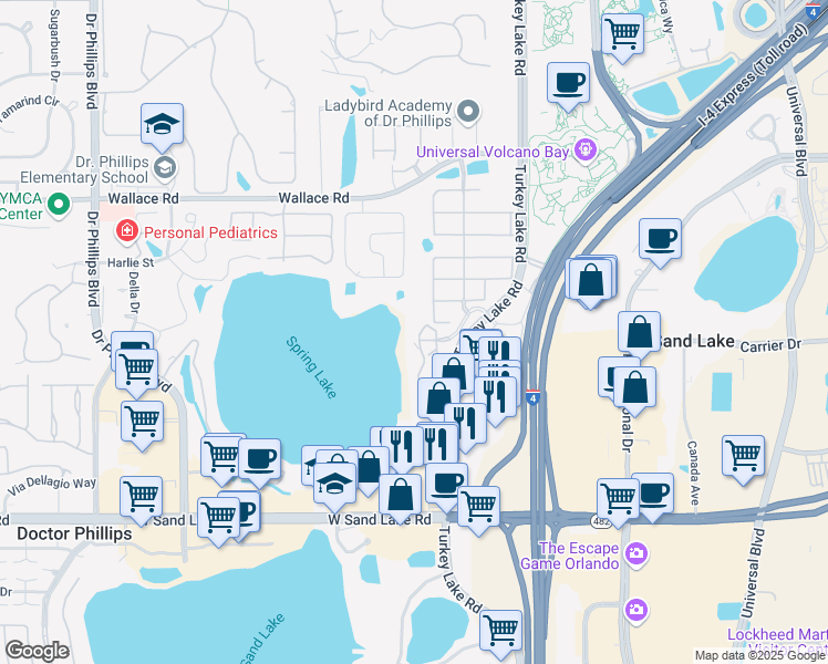 map of restaurants, bars, coffee shops, grocery stores, and more near 7500 Toscana Boulevard in Orlando