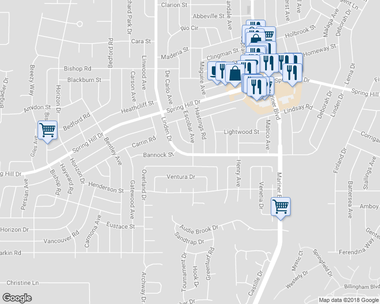 map of restaurants, bars, coffee shops, grocery stores, and more near 11532 Linden Drive in Spring Hill