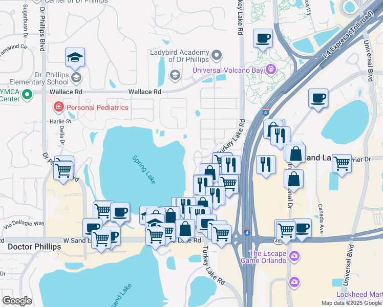 map of restaurants, bars, coffee shops, grocery stores, and more near 7500 Toscana Boulevard in Orlando