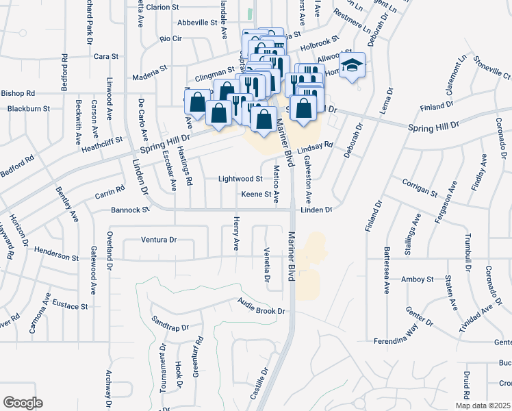 map of restaurants, bars, coffee shops, grocery stores, and more near 11358 Linden Drive in Spring Hill
