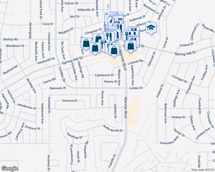 map of restaurants, bars, coffee shops, grocery stores, and more near 11374 Linden Drive in Spring Hill