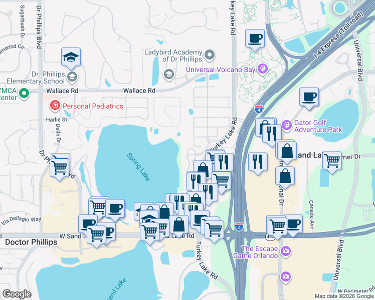 map of restaurants, bars, coffee shops, grocery stores, and more near 7500 Toscana Boulevard in Orlando