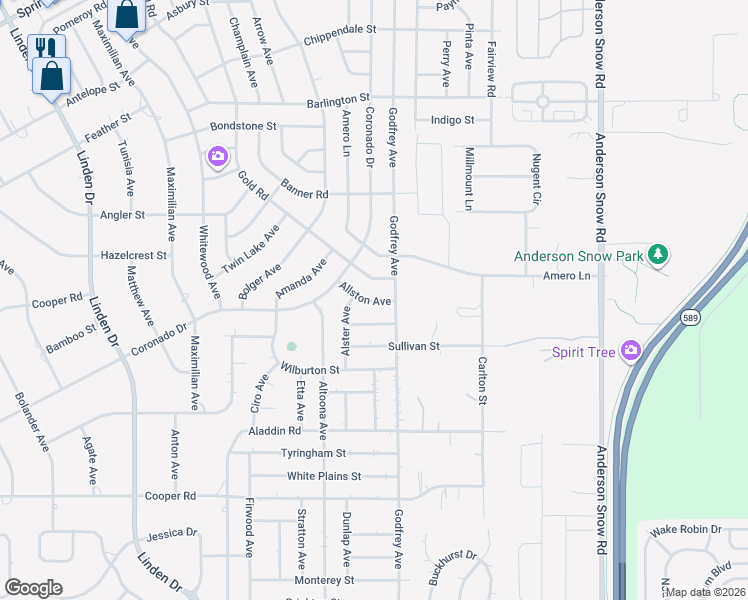 map of restaurants, bars, coffee shops, grocery stores, and more near 14055 Allston Avenue in Spring Hill
