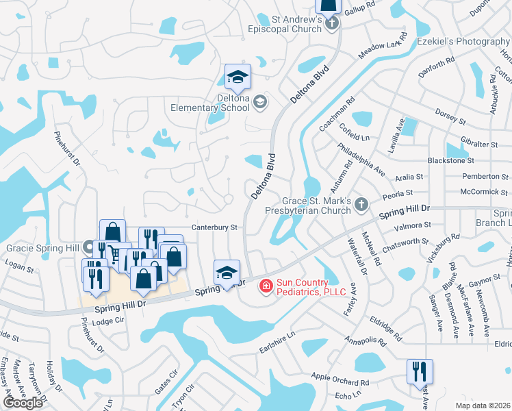 map of restaurants, bars, coffee shops, grocery stores, and more near 1406 Deltona Boulevard in Spring Hill