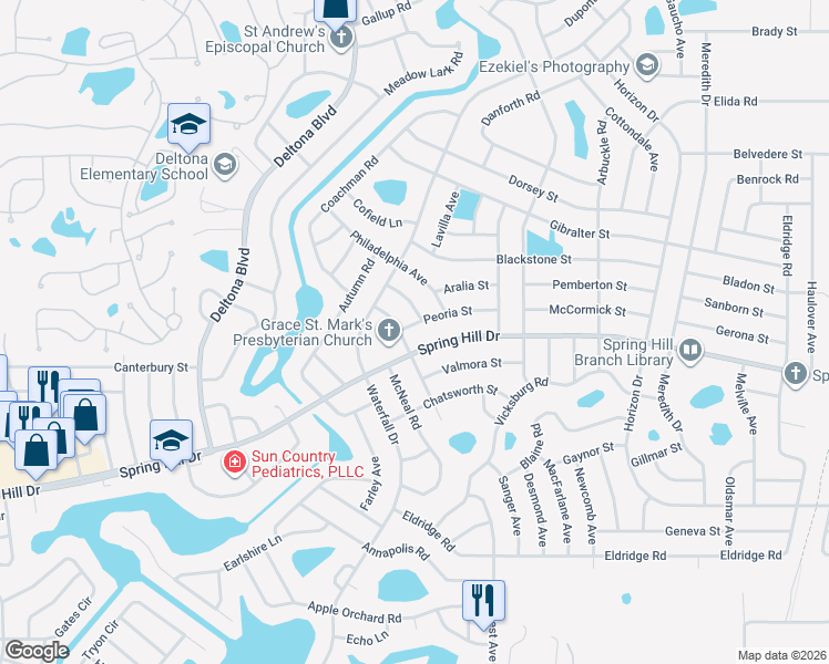 map of restaurants, bars, coffee shops, grocery stores, and more near 8356 Peoria Street in Spring Hill