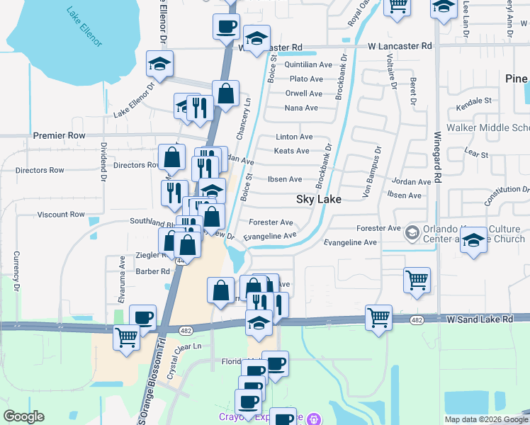 map of restaurants, bars, coffee shops, grocery stores, and more near 1224 Galsworthy Avenue in Orlando